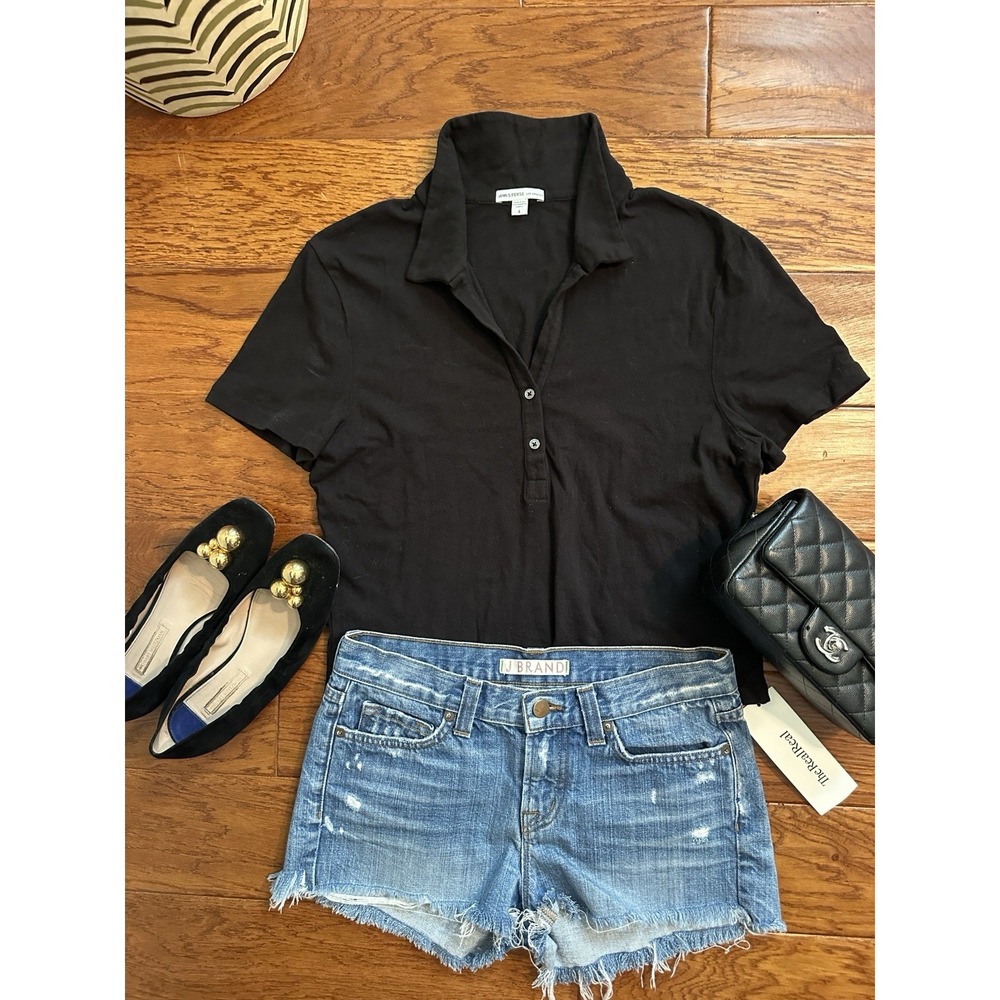 James Perse Womens Black Short Sleeve Polo Shirt Size 4 WRBJ3150 Made In USA
